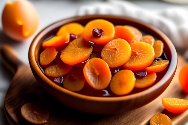 Dried apricots in a wooden dish