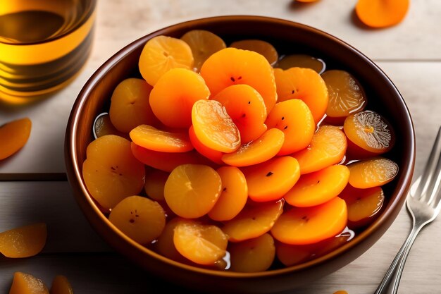 Dried apricots in a wooden dish