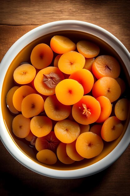 Dried apricots in a wooden dish