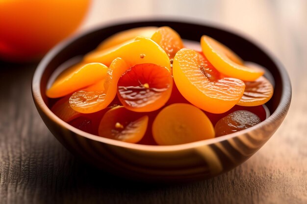 Dried apricots in a wooden dish