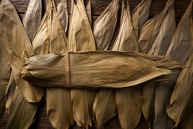 Foto foglie di bambù essiccate in marrone per la ricetta di zongzi