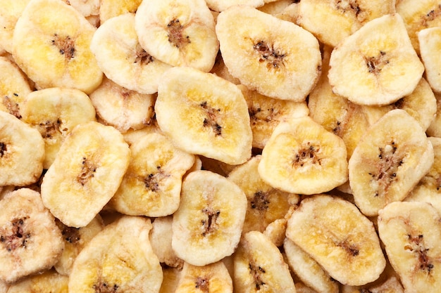 Dried bananas close-up, background. The view from top