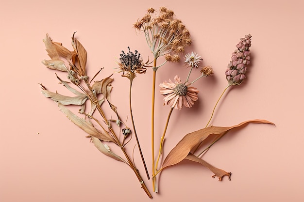 Dried beautiful wildflowers on pastel pink background created with generative ai