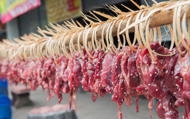 Dried beef in bamboo,sun dried meat beef thai asian food dry meal