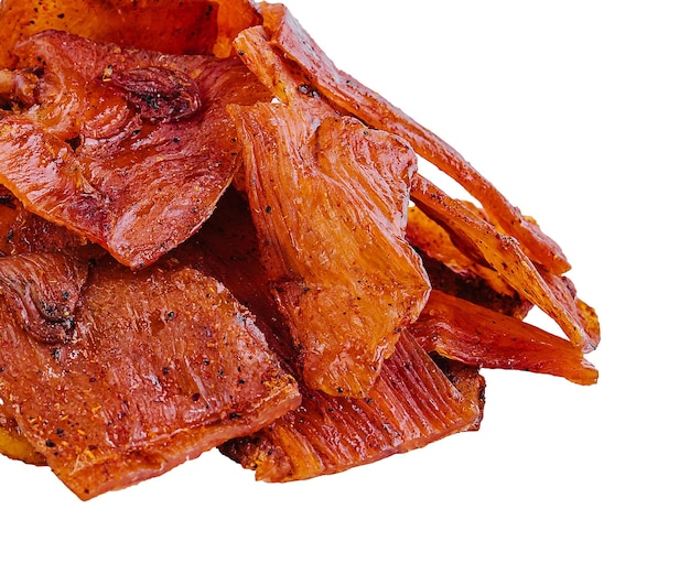 Dried beef jerky isolated on white background