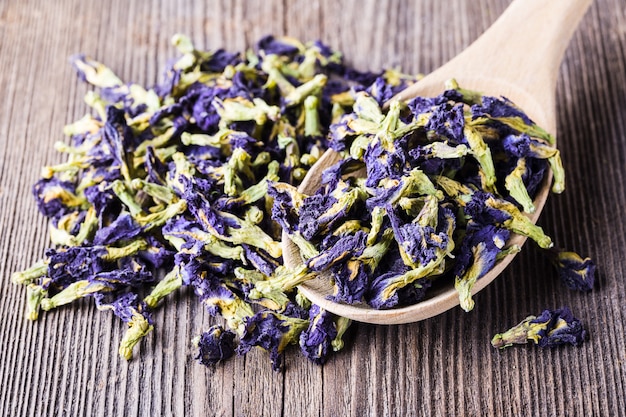 Dried blue butterfly pea flowers.