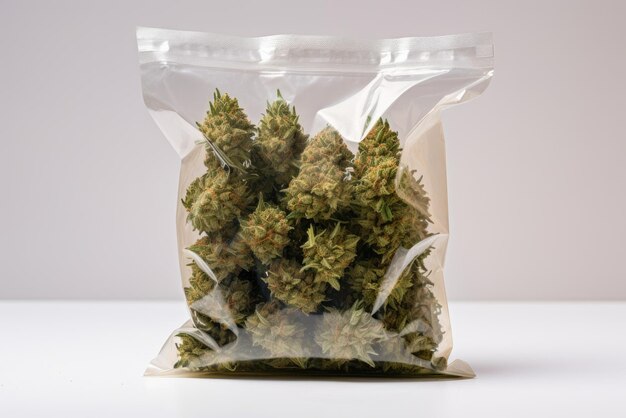 Photo dried cannabis flowers marijuana buds in transparent plastic bag