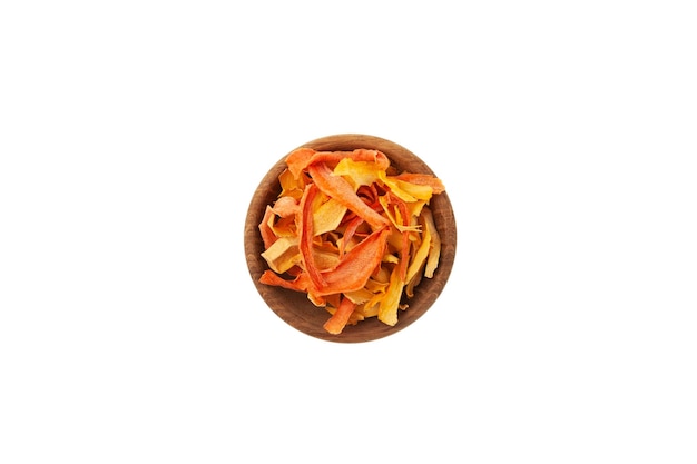 Dried Carrot chips orange and yellow color. Dehydrated vegetables dried carrot slices in bowl.