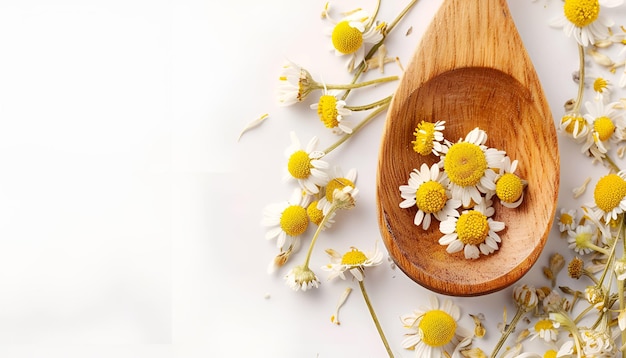 Dried chamomile flowers and wooden spoon on white background