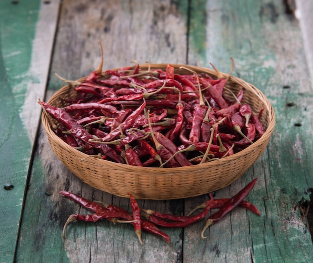 Peperoncino rosso secco nel cestino sulla vecchia tabella di legno