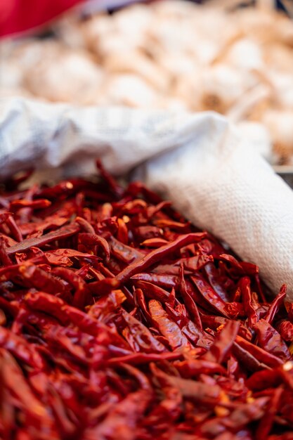 Dried chili peppers in bag at Turkish market. Hot red pepper.