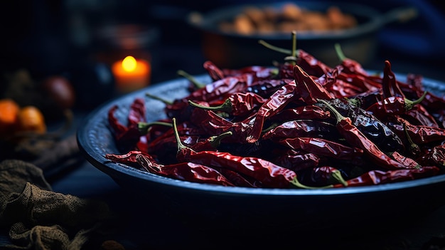 Dried chili peppers captured in detail inside a bowl