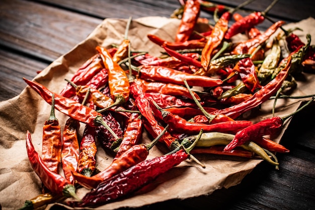 Dried chili peppers on paper