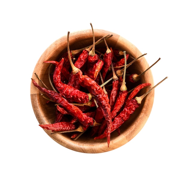 Dried chili peppers on white background