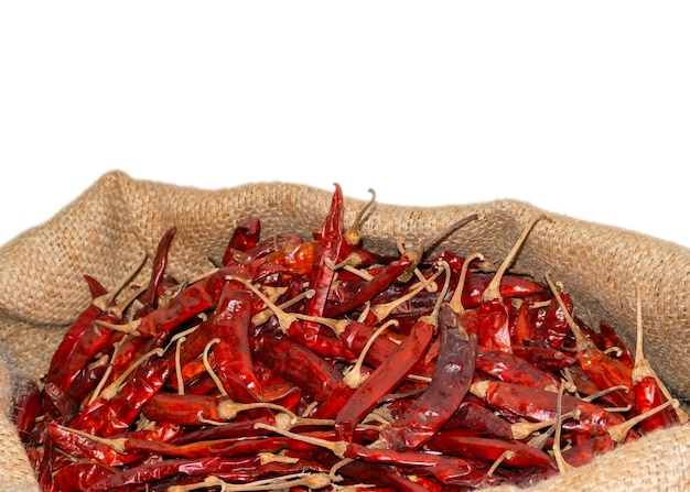 Dried chilies packed in sacks. White background and copy space above.