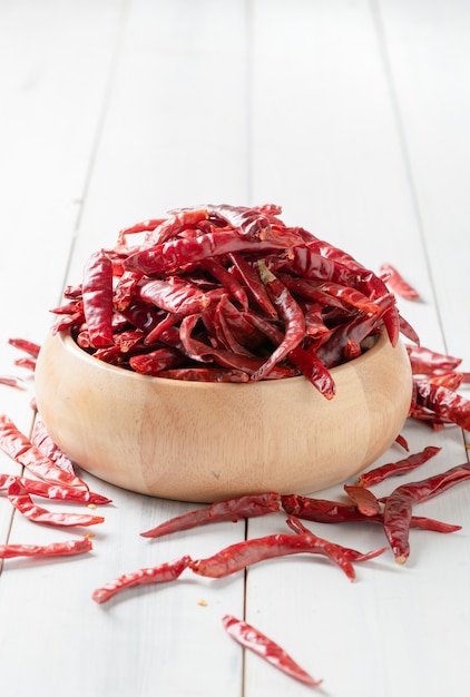 dried chilli in wood bowl