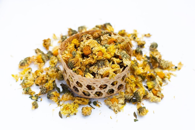 Dried chrysanthemum flower on white background