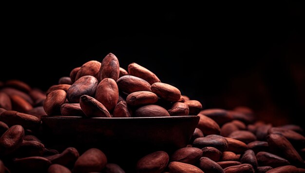 Photo dried cocoa beans heap black background with copy space ai generated
