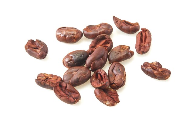 Foto fagioli di cacao secchi isolati su sfondo bianco