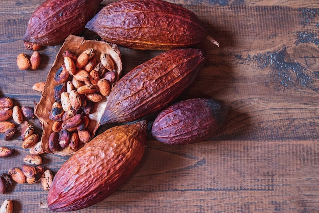 Dried cocoa fruit and dried cocoa beans on old wooden background