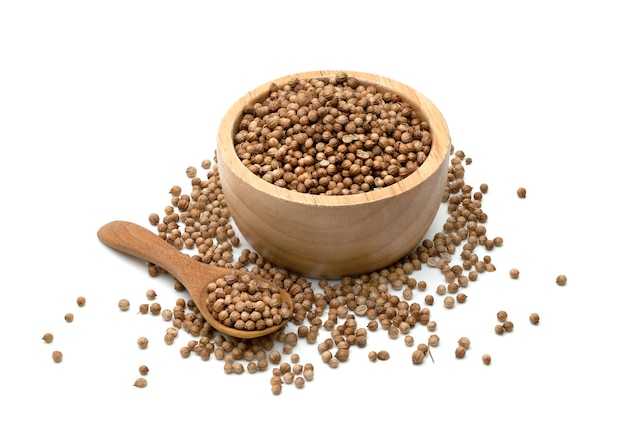 Photo dried coriander seeds in bowl and wooden spoon isolated on white background