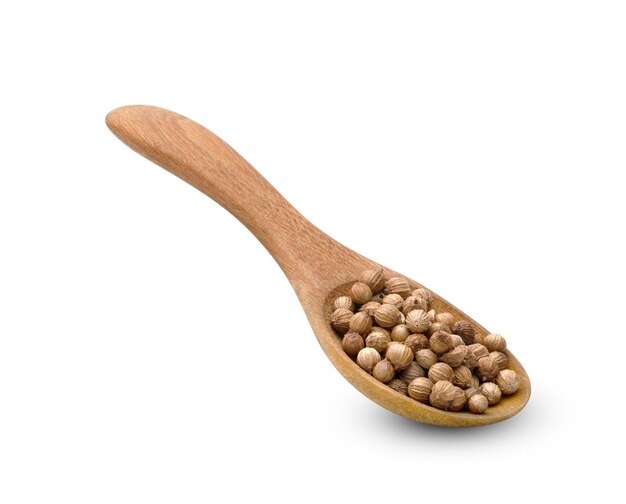 dried coriander seeds in wooden spoon isolated on white background include clipping path