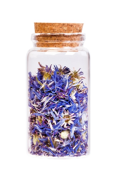Dried cornflower tea in a bottle with cork stopper for medical use