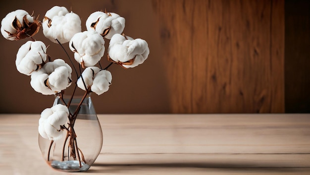 Dried cotton plants in a vase on a white background copy space