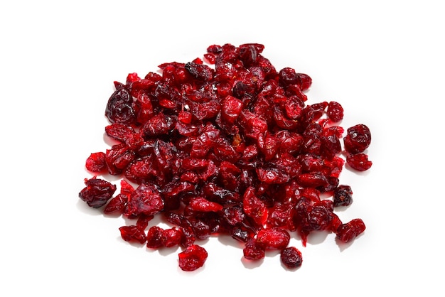 Dried cranberries isolated on white background.