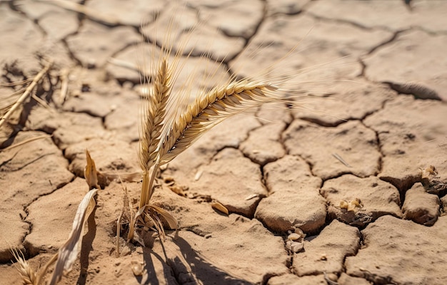 写真 乾燥した作物は、ひびの入った乾燥地の食糧危機の概念にクローズ アップ