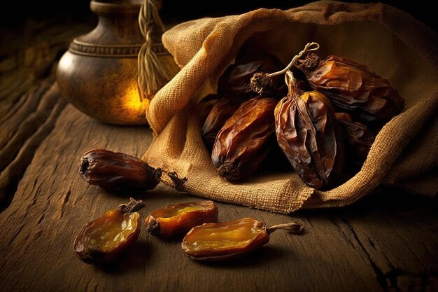 Dried date palm fruits or kurma Ramadan Kareem Arabic ilsamic celebration Abstract illustration generative ai