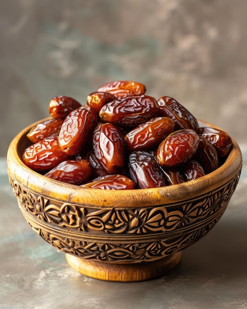 Dried Dates in a Decorative Bowl on Wooden Table