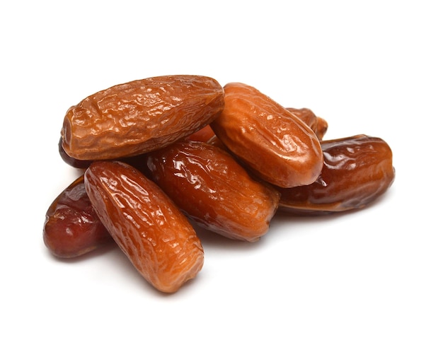 Dried dates isolated on white background. Flat lay, top view