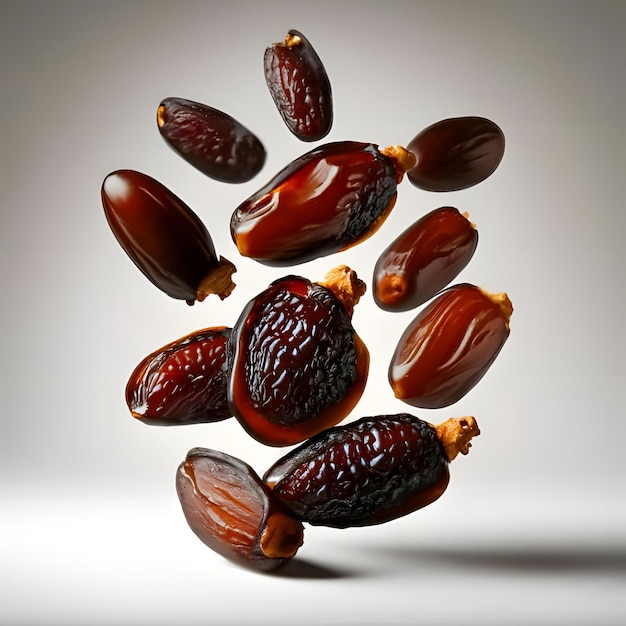 Dried dates levitate white background 5