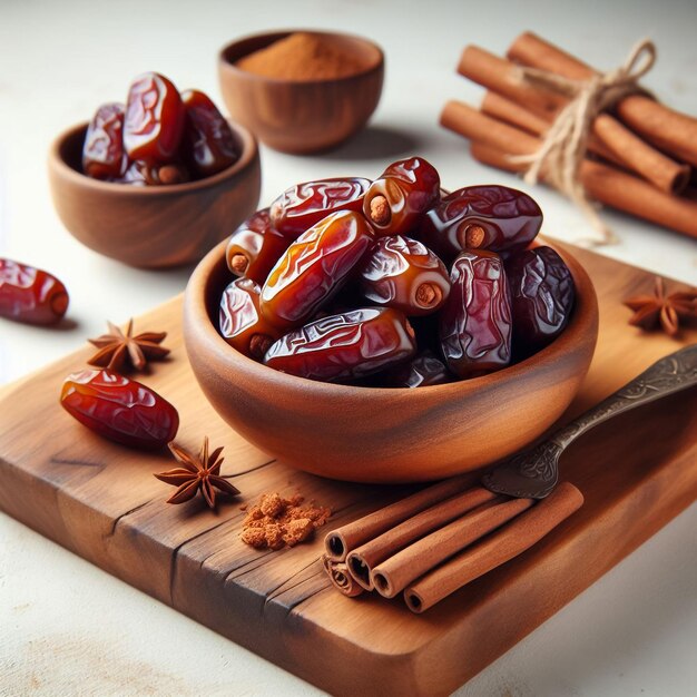 Dried dates on plate with cup of tea on table on fabric background