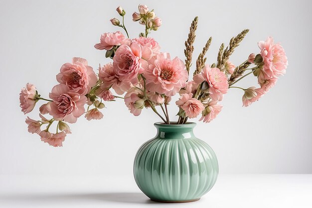 Сушеные декоративные розовые цветы в зеленоватой керамической вазе, изолированные на белом фоне