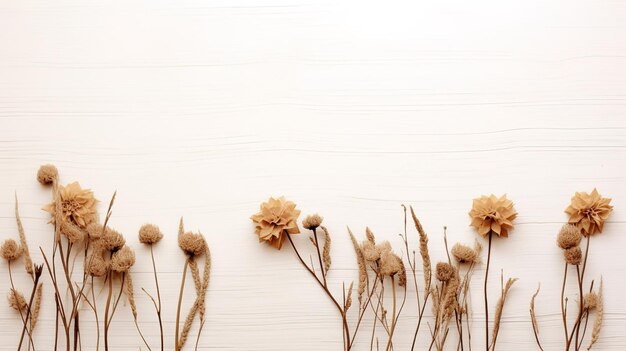 dried delicate flowers branches leaves on a white background herbarium Background for a postcard