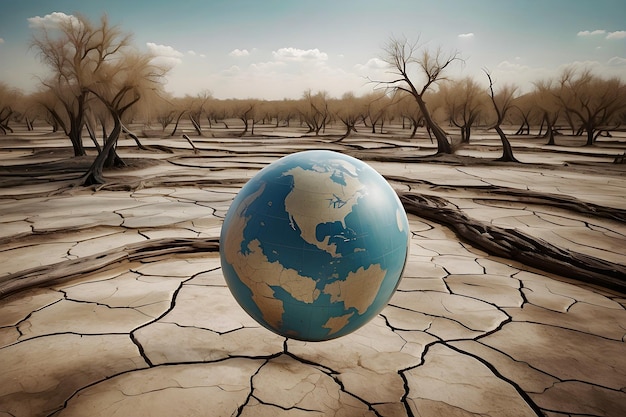 Dried Earth Globe Concept Art dead planet earth on a desert end of world with extreme weather