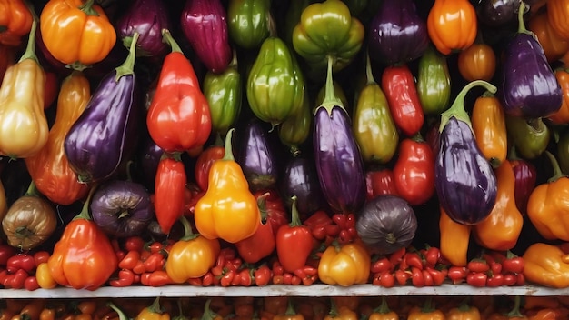 Dried eggplants peppers and vegetables hanging up at turkish grocery