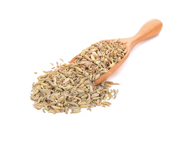 Dried fennel seeds  in a wooden spoon isolated on white