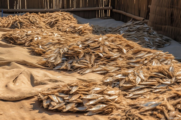 Dried fish are laid out on a tarp in a market.