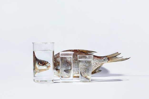 Dried fish distortedly reflecting in glasses with transparent liquid on white background