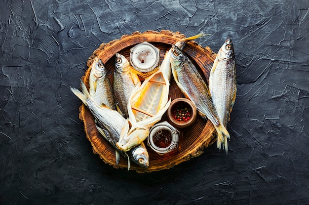 Dried fish on the table,salty dry sea fish for beer