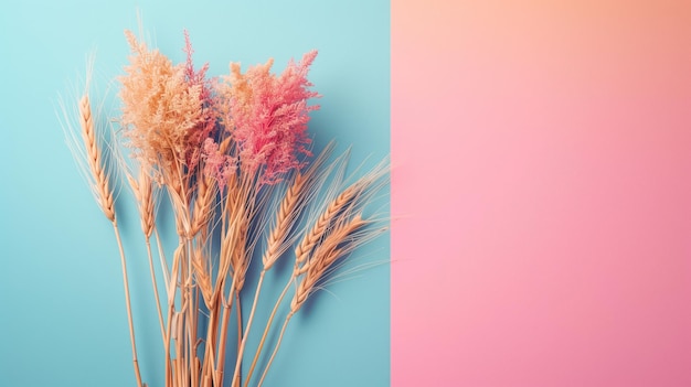 Dried flower arrangement on blue and pink backdrop copy space