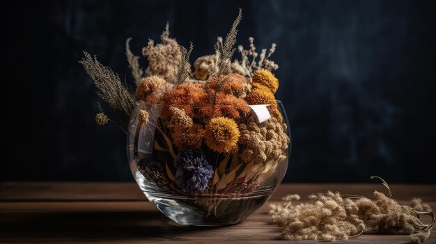 Dried flowers arranged in a glass vase AI generated