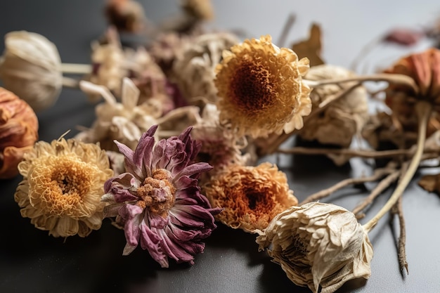 Dried flowers on a black table with a dark background