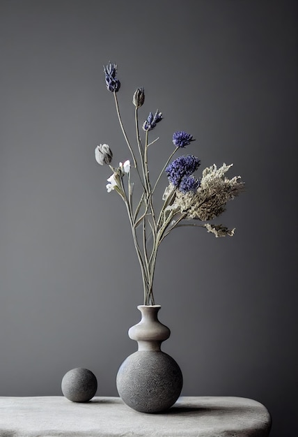 Bouquet di fiori secchi con steli sottili in vaso su sfondo grigio