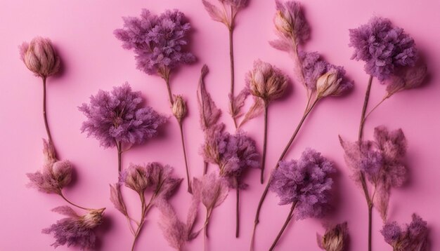 Dried flowers of gently purple color on a pink background Flowers concept Place for text Flat lay