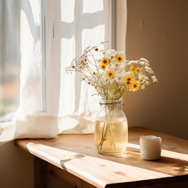 木のテーブルの上のガラスの花瓶にドライフラワー