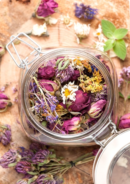 Dried flowers and herbs Top View